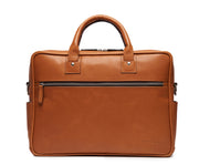 Tan 15" Leather Laptop Briefcase Meticulously designed with full-grain leather, the Redford leather briefcase is a seamless blend of modern functionality and classic style. With two zippered compartments, multiple organizational pockets and a dedicated laptop compartment, the Redford is designed to protect your everyday essentials.