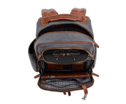 Grey Padded leather top handle Closed cell compression foam padded back, straps, 15" laptop compartment, and bottom Front top fleece lined zippered compartment for glasses 2 front zippered pockets with expandable interior organizer pockets to fit any electronics Zippered water bottle pocket with eyelet drain holes