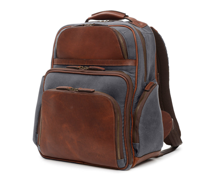 Grey Interior iPad pocket Solid brass zippers Solid brass hardware Interior key hook  Carry bag strap on back to slide over telescoping handle Handcrafted with care in our own factory Dimensions: 15.5" x 7" x 16.25"