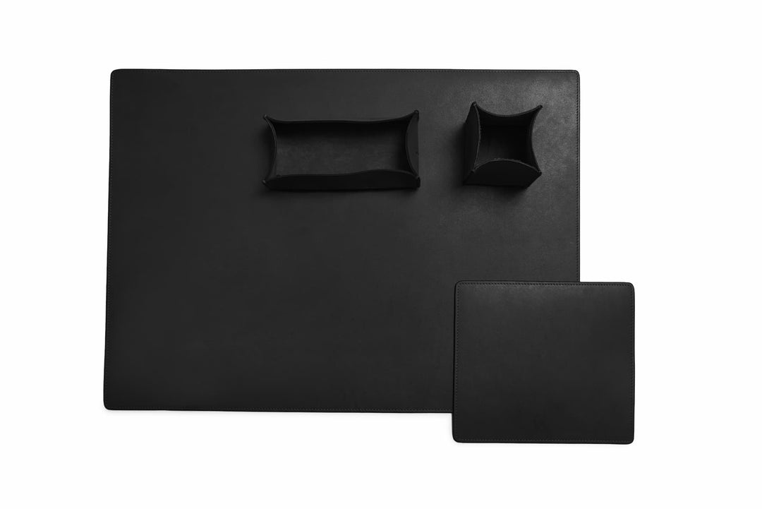 Black Leather desk set Take your work-from-home setup to new heights with our full-grain leather desk set. Featuring our handcrafted desk pad, mouse pad, pencil tray and pencil cup, this handsome set will help keep your workspace refined and organized. #color_black