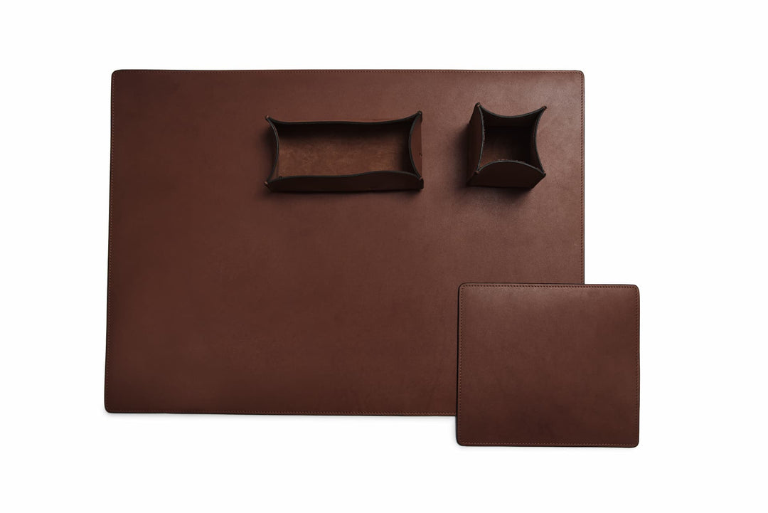 Espresso Full-grain American leather Includes a desk pad, mouse pad, desk tray and pencil cup Handcrafted with care in our own factory #color_espresso