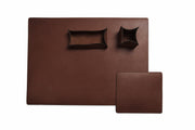 Espresso Full-grain American leather Includes a desk pad, mouse pad, desk tray and pencil cup Handcrafted with care in our own factory