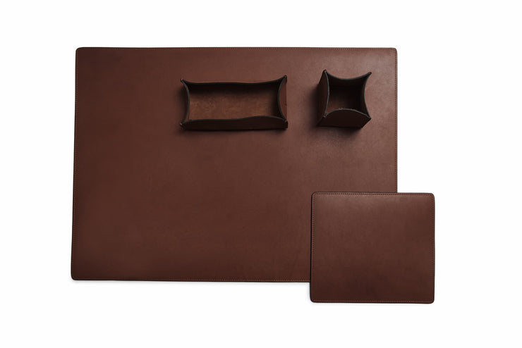 Espresso Full-grain American leather Includes a desk pad, mouse pad, desk tray and pencil cup Handcrafted with care in our own factory