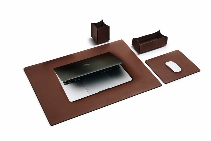 Espresso Full-grain American leather Includes a desk pad, mouse pad, desk tray and pencil cup Handcrafted with care in our own factory #color_espresso