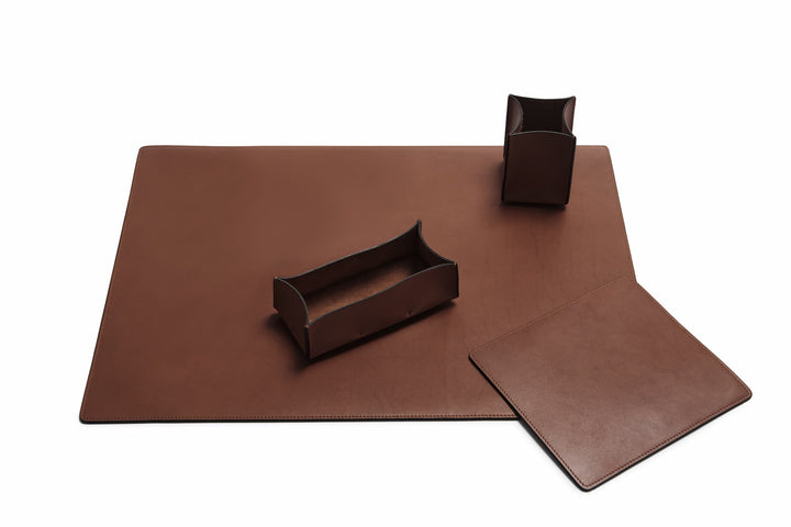 Espresso Full-grain American leather Includes a desk pad, mouse pad, desk tray and pencil cup Handcrafted with care in our own factory #color_espresso