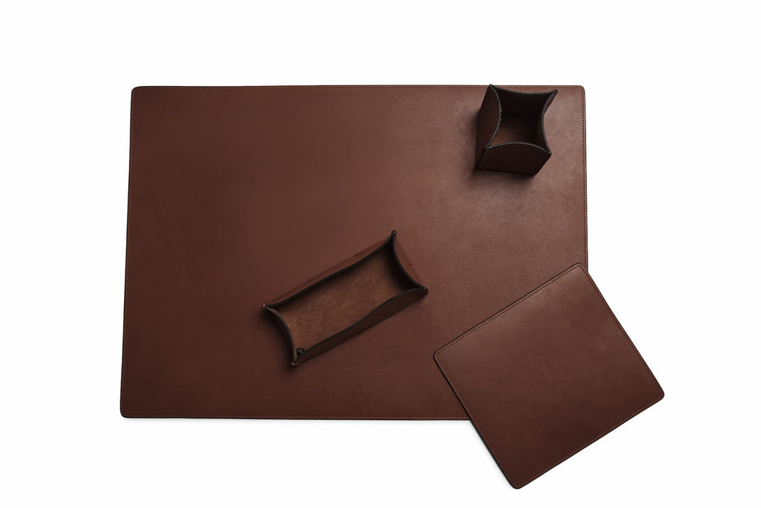 Espresso Full-grain American leather Includes a desk pad, mouse pad, desk tray and pencil cup Handcrafted with care in our own factory #color_espresso