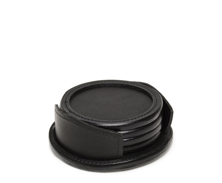 Black Leather Coasters  The Frost is a 4-piece leather coaster set with matching leather rack, and a customizable monogram patch. #color_black