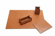 Tan Leather desk set Take your work-from-home setup to new heights with our full-grain leather desk set. Featuring our handcrafted desk pad, mouse pad, pencil tray and pencil cup, this handsome set will help keep your workspace refined and organized.